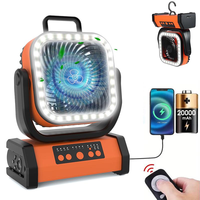 Portable Camping Fan – 30,000mAh Battery, LED Light, 4-Speed Adjustable, Remote Control, 270° Rotation