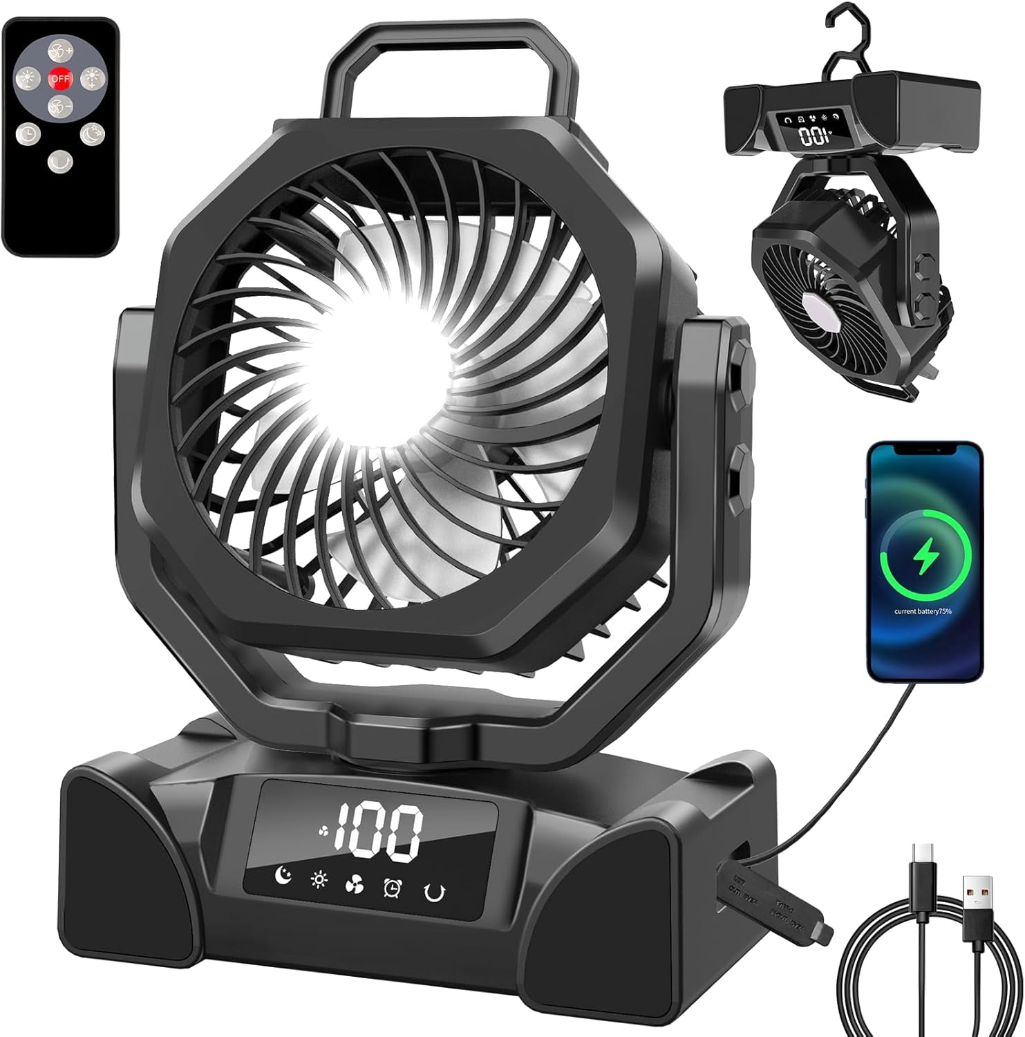 Portable Camping Fan Battery Operated Powered Fan with Remote Control & LED Lantern,20000mAh Battery Rechargeable,LED Digital Display,Oscillate,Timer,Rotation Hanging Hook for Tents Travel - Black