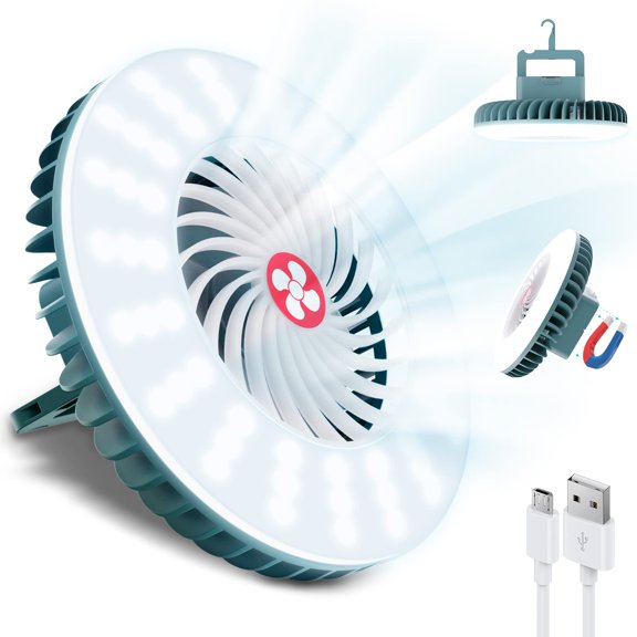 Portable Camping Fan with LED Lantern, USB Rechargeable Waterproof Tent Fan with Hanging Hook Magnet Survival Kits for Indoor Outdoor Hiking Car Office Desk Outdoor Emergency Power Outage