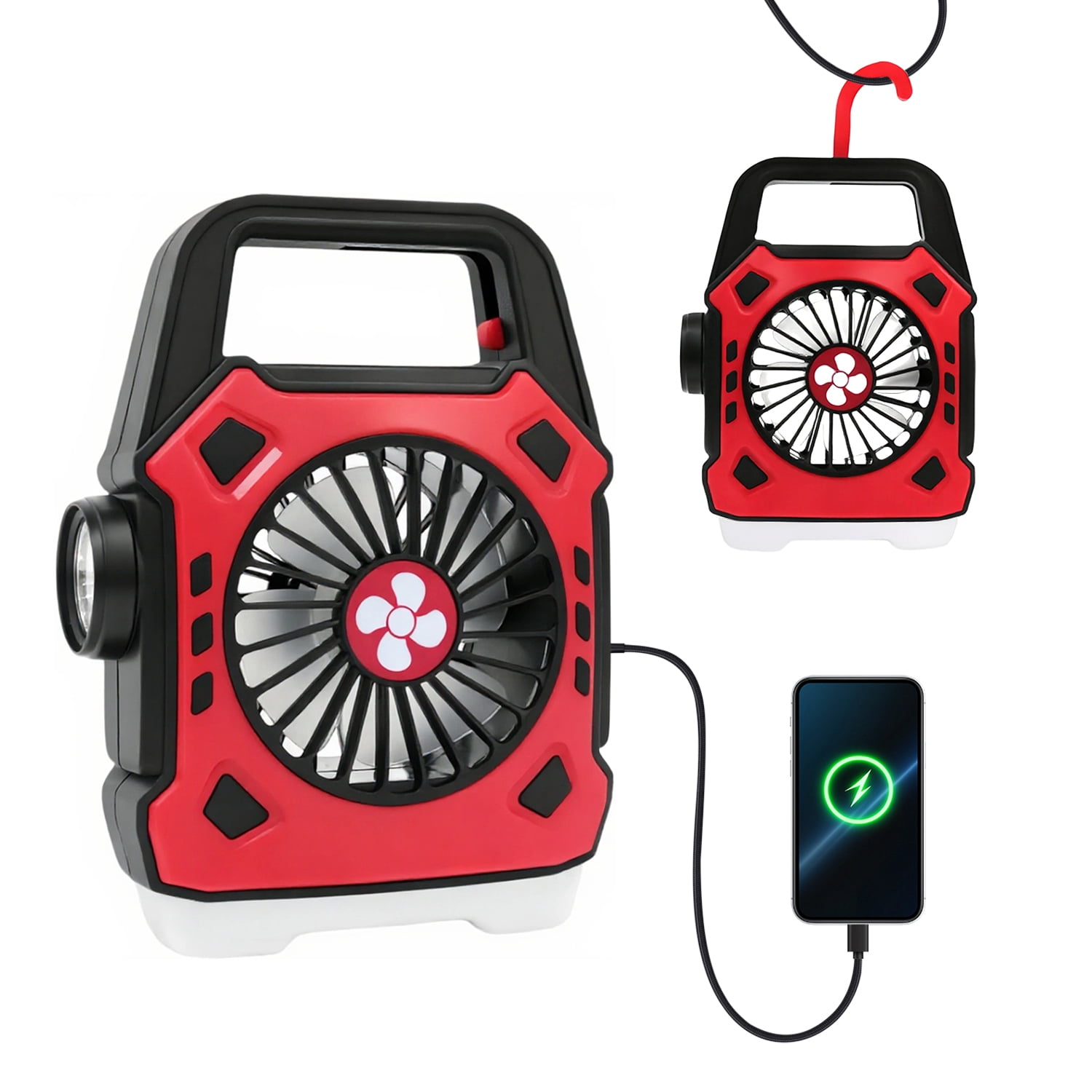 Portable Camping Fan with LED Light  1200mAh USB Rechargeable  Hanging Hook for Outdoor  Tent  Travel  BBQ  Fishing  Red.  This optimized title is concise  clearly describes the product