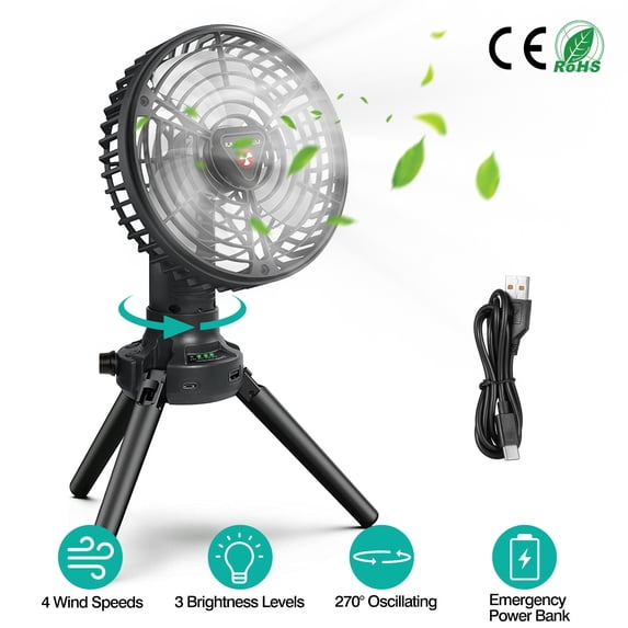 Portable Camping Fan with Light TeqHome Tent Fan with 10400mAh Rechargeable Battery Up to 30H Work Time Emergency Power Bank for Outdoor Camping Hiking Hurricane Black