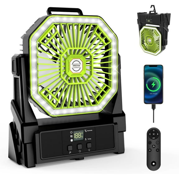 Portable Camping Fan Rechargeable with 3 Lights, 20000mAh Battery Operated Fans with Remote, Outdoor Beach Tent Fan, 4 Speed, 3 Timer, Adjustable Rotation for Picnic, Barbecue, Fishing, Home,Green