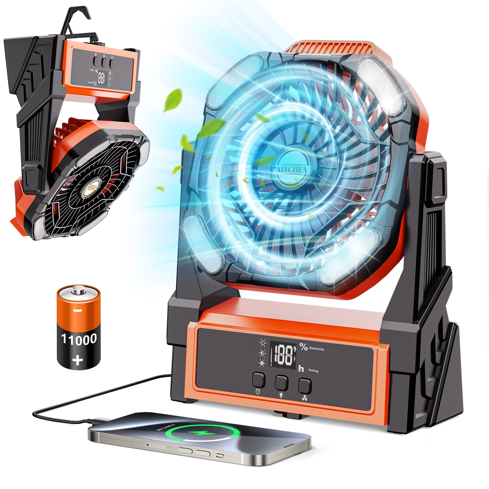 Portable Camping Fan Rechargeable with 4 Lights, 11000mAh Battery Operated Fans, Outdoor Beach Tent Fan, 4 Speed, 4 Timer, Adjustable Rotation for Picnic, Barbecue, Fishing, Home