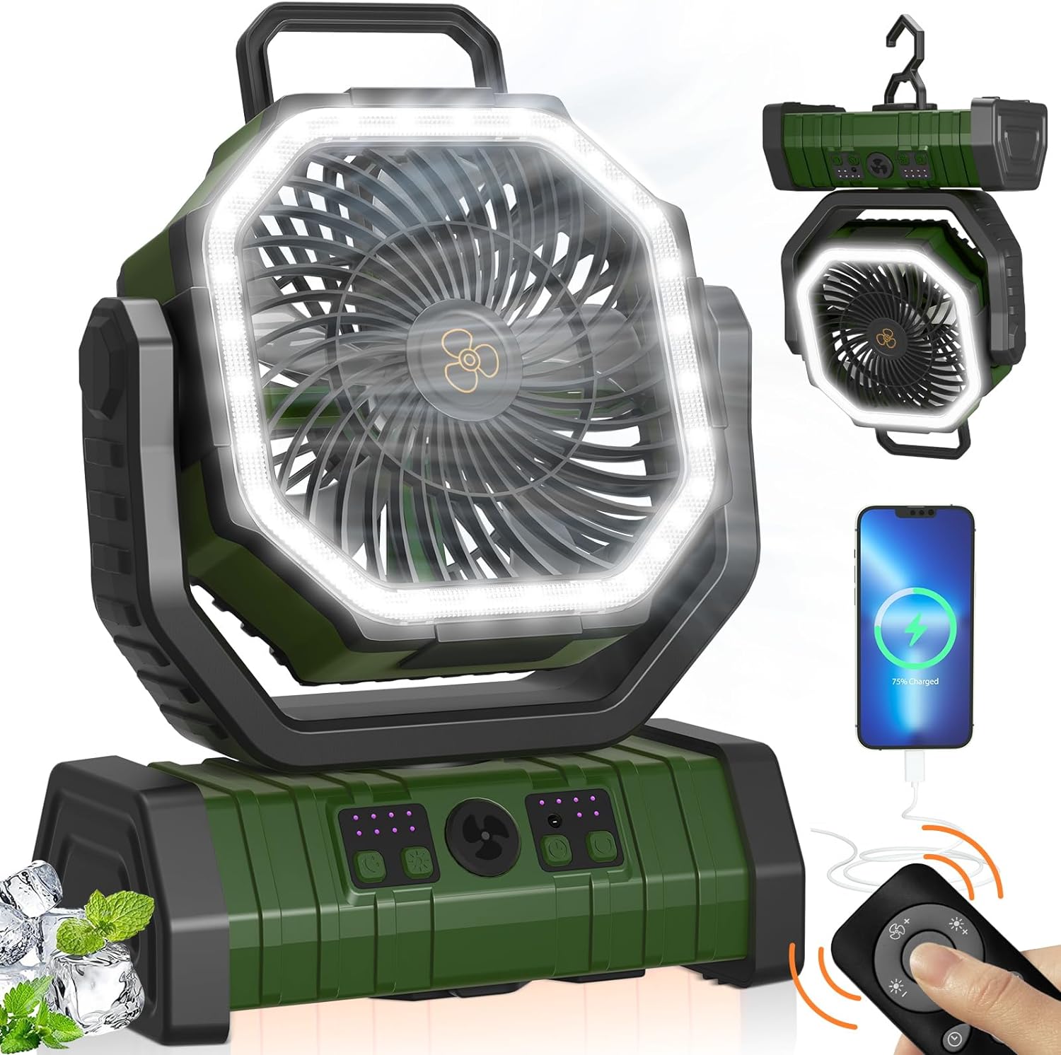 Portable Camping Fan Rechargeable with LED Lantern, 20000mAh Battery Powered Travel Fan with 1-8 Hour Timing Function, 270 Head Rotation, 4 Speeds Settings for Tents, Office, Desk, Camp and Fishing