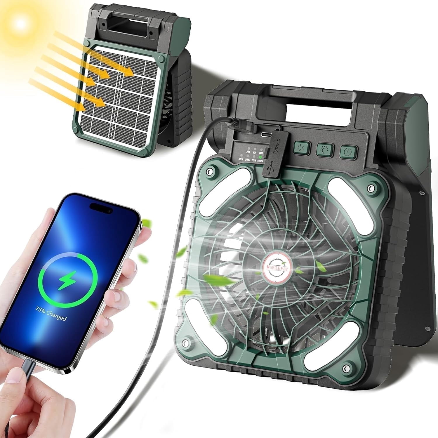 Solar Camping Fan with Light, 4 Speeds USB Rechargeable Solar Powered Fan with Timer, 90° Folding Portable Desk Fan with Power Bank Feature for Hurricane Outages Outdoor Camping Fishing Travel BBQ