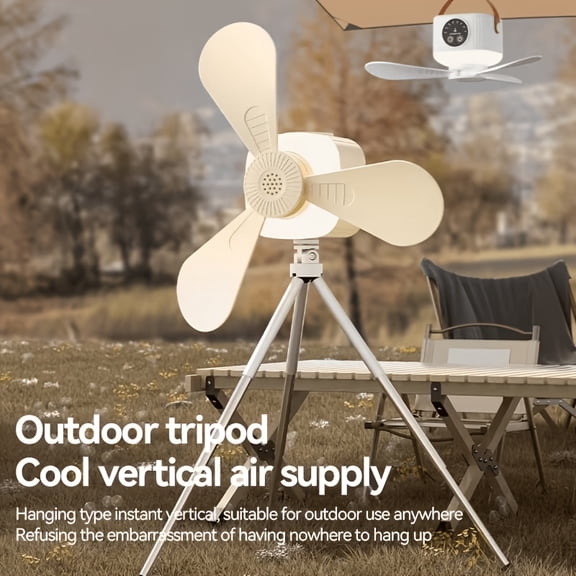 Portable Camping Fan with LED Light and Tripod, USB Rechargeable Tent Ceiling Fan in White