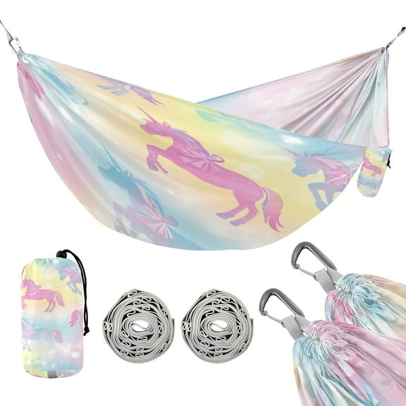 Portable Camping Hammock 300lb Capacity Single Travel Hammock Foldable Design for Backpacking, Hiking, Travel Pastel Unicorns and Bows