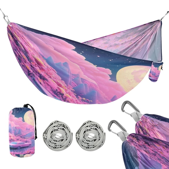 Portable Camping Hammock 300lb Capacity Single Travel Hammock Foldable Design for Backpacking, Hiking, Travel Pink Planet with Clouds