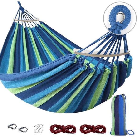 Portable Camping Hammock 400lb Capacity with Anti Roll Beams and Straps（Blue）