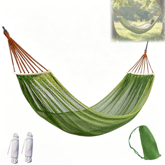 Portable Camping Hammock, Green Nylon Net Rope Hammock with Storage Bag & Spreader Bar, Lightweight Tree Hammock for Outdoor, Travel, Beach, Party