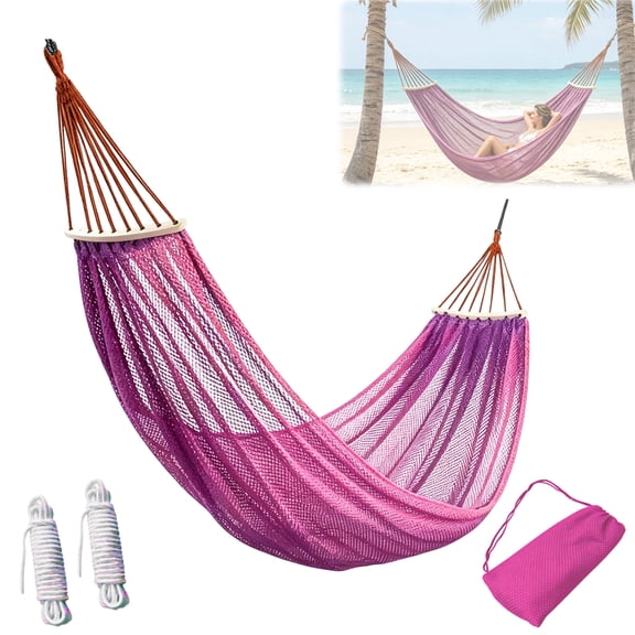 Portable Camping Hammock, Pink Nylon Net Rope Hammock with Storage Bag & Spreader Bar, Lightweight Tree Hammock for Outdoor, Travel, Beach, Party