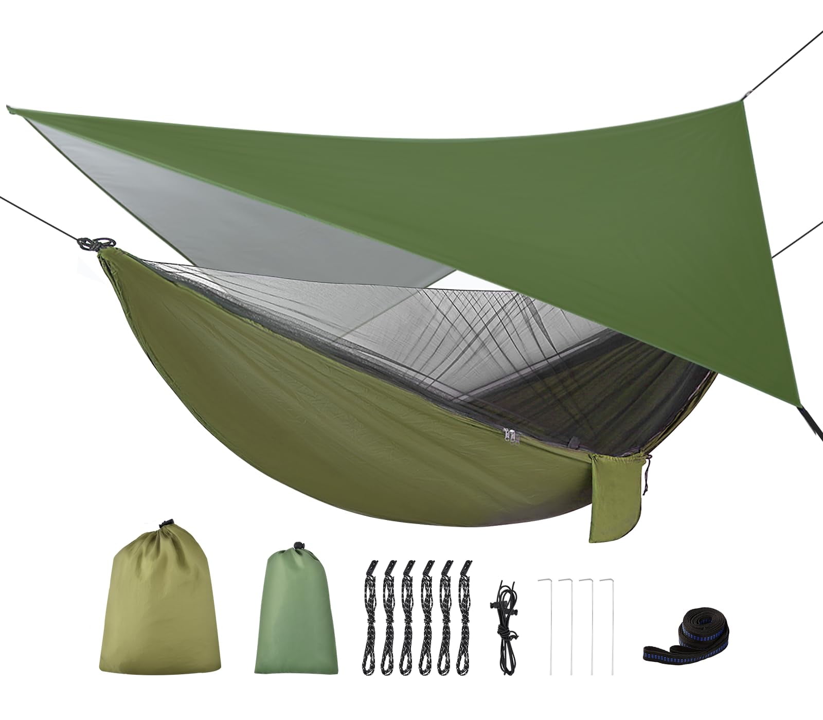 Portable Camping Hammock with Rain Fly Tarp & Mosquito Net - Single/Double Hammock Tent for Backpacking, Hiking, Travel & Yard - Lightweight, Durable & Easy Setup (Green)