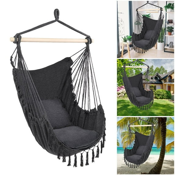Portable Camping Hammock Swing Chair,Patio Relax Hanging Rope Swing Seat Cotton Canvas Comfort Durability for Indoor Outdoor Porch,Yard,Garden,Bedroom,Included 2 Cushions (Dark Gray)