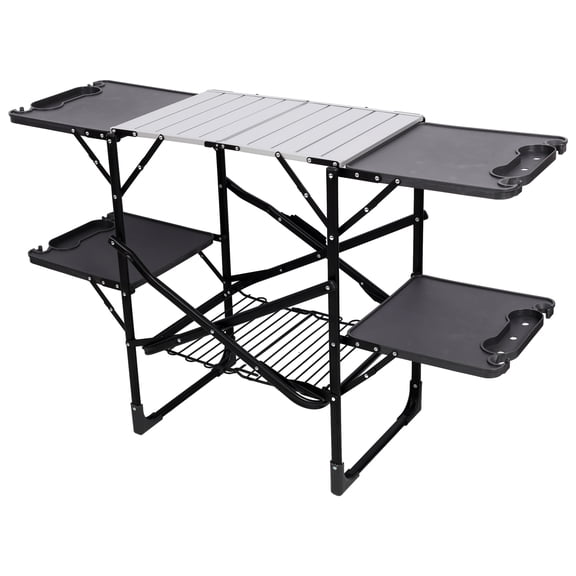 Portable Camping Kitchen Table with Heat Resistant Aluminum Top, 4 Side Tables & Storage Rack for Outdoor Cooking