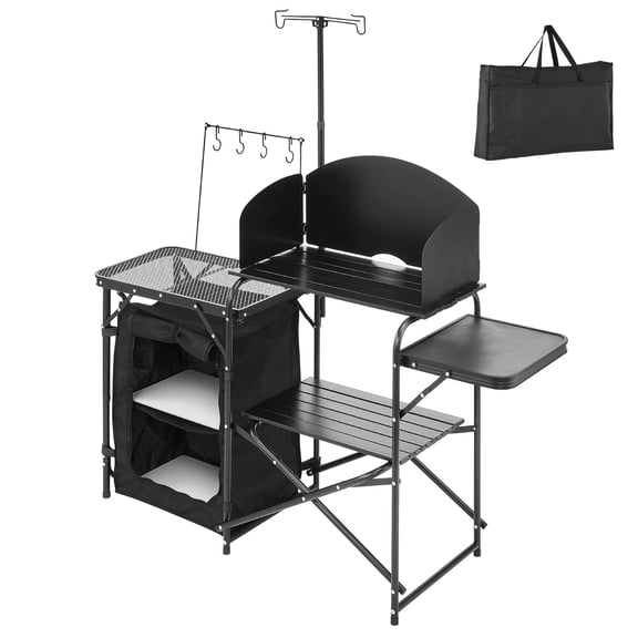 Portable Camping Kitchen Table with Storage,Aluminum Folding Cook Station for Outdoor BBQ,Picnic&RV Travel-Includes Windscreen&Carry Bag,Black