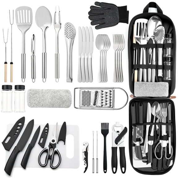 Portable Camping Kitchen Utensil 34 Set- Cookware Kit  Stainless Steel Outdoor Cooking And Grilling Organizer Travel Set For Picnics Rvs Bbqs Parties