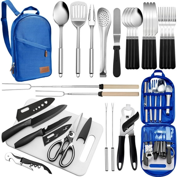 WarmH Portable Camping Kitchen Utensil Set-27 Piece Cookware Kit, Stainless Steel Outdoor Cooking and Grilling Utensil Organizer Travel Set Perfect for Travel, Picnics, Camping, BBQs,Parties and More