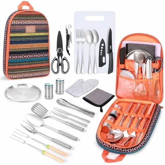 Portable Camping Kitchen Utensil Set-27 Piece Cookware Kit, Stainless Steel Outdoor Cooking and Grilling Utensil Organizer Travel Set Perfect for Travel, Picnics, RVs, Camping, BBQs, Parties and More
