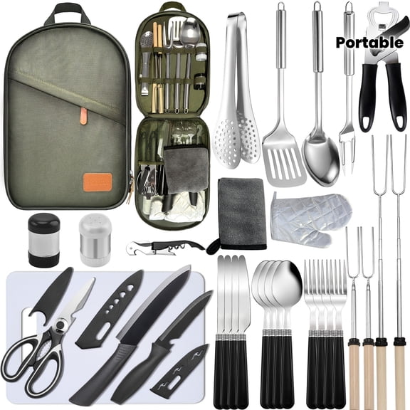 Portable Camping Kitchen Utensil Set - 31 Piece Stainless Steel Outdoor Cooking and Grilling Utensil Organizer Travel Set Perfect for Travel, Picnics, RVs, BBQ, Parties and More