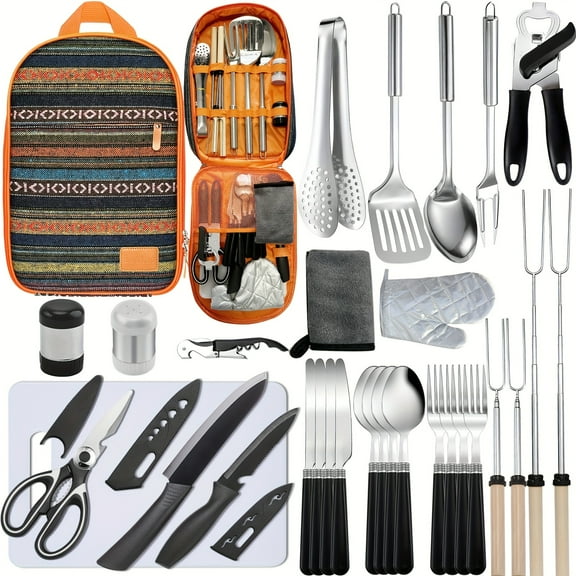 Portable Camping Kitchen Utensil Set-31pcs Camping Essentials Camping Accessories Gear Must Haves Camping Cookware Kit, Stainless Steel Outdoor Cooking And Grilling Utensil Organizer Travel Set