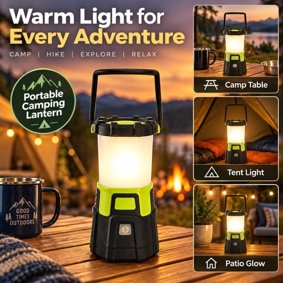 Portable Camping Lantern, USB Rechargeable LED Lantern with 3 Lighting Modes, Warm Glow Battery Light for Outdoor Hiking, Fishing, Power Outages & Emergency