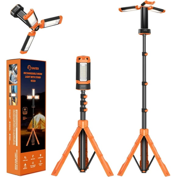 Portable Camping Light with Stand 73.2" Rechargeable Work Light 800/3200 Lumen 4000/6500K Dimmable Emergency Flashlight for Garage, Outdoor Work, Power Outages, Fishing LD10 Orange