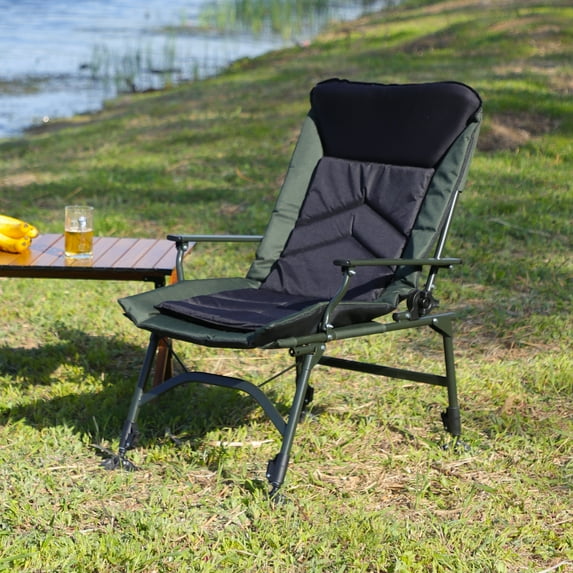 Portable Camping Lounge Chair with Adjustable Reclining Backrest, Folding Outdoor Recliner for Camping, Beach, Fishing, Indoor & Outdoor, Green + Black