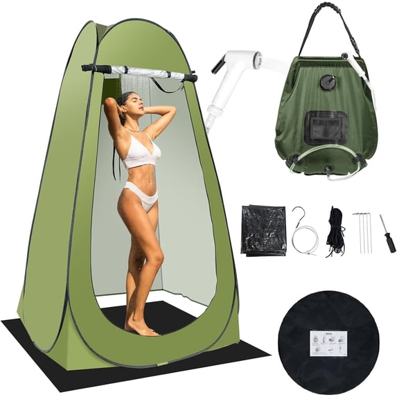 Portable Camping Privacy Tent, Outdoor Shower Tent Kit with 5 Gallon Shower Bag-(Nozzle Upgraded)