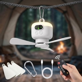 Portable Ceiling Fan with Light for Canopy, Gazebo, Patio, RV, Garage, Porch, 8000mAh Battery Operated Tent Fan, 8H Timer & 4 Speeds Detachable Blades, Hanging Camping Fan