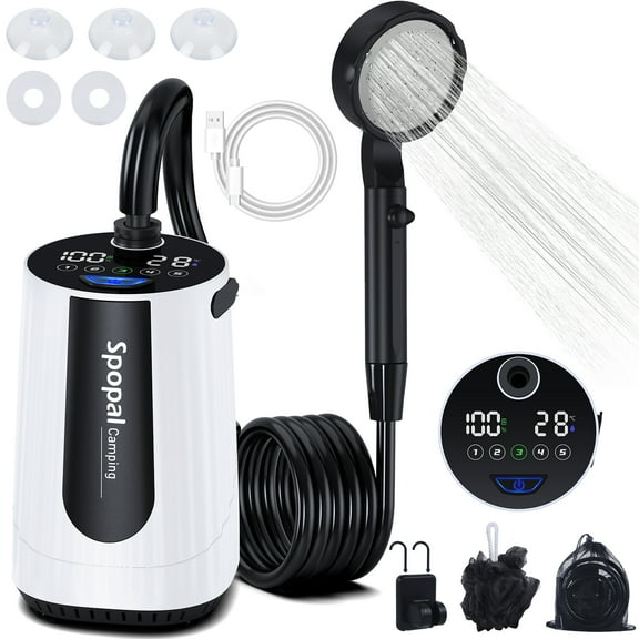 Portable Camping Shower - 10000mAh Rechargeable, 5-Speed, IPX8 Waterproof, LED Display Camp Shower Pump- Perfect for Hiking, Travel, Cars & Pets White