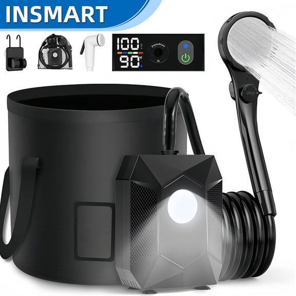 Portable Camping Shower, 6000mAh Rechargeable, 4 Spray Modes, Intelligent LED Display, IPX8 Waterproof Outdoor Camp Pump with Camping Lights, Outdoor Shower for Hiking,Beach,RV,Travel,Car Washing,Pet