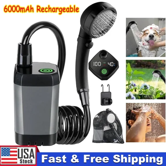 Portable Camping Shower 6000mAh Rechargeable Outdoor Camp Pump for Hiking Travel