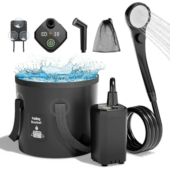 Portable Camping Shower, 6000mAh Rechargeable Shower Pump, Filtered Shower Head & Spry Gun Head & 5 Gallons Foldable Bucket, Outdoor Shower for Hiking, Beach, Travel, Pet Bath, Car Washing, Surf