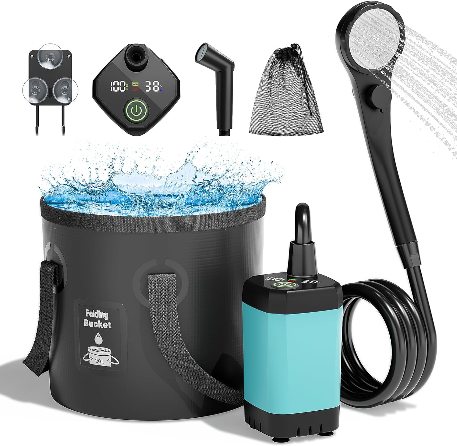 Portable Camping Shower, 6000mAh Rechargeable Shower Pump, Filtered Shower Head \u0026 5 Gallons Foldable Bucket, Outdoor Shower for Hiking Beach, Travel, Pet Bath, Car Washing, Surf \u0026 Boat Cleaning