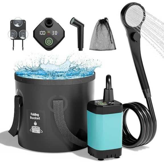Portable Camping Shower, 6000mAh Rechargeable Shower Pump, Filtered Shower Head & 5 Gallons Foldable Bucket, Outdoor Shower for Hiking Beach, Travel, Pet Bath, Car Washing, Surf & Boat Cleaning.