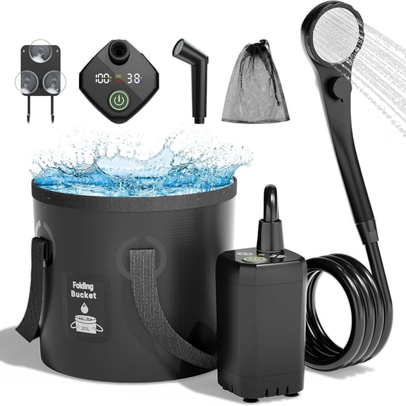 Portable Camping Shower, 6000mAh Rechargeable Shower Pump, Filtered Shower Head & 5 Gallons Foldable Bucket, Outdoor Shower for Hiking Beach, Travel, Pet Bath, Car Washing, Surf & Boat Cleaning