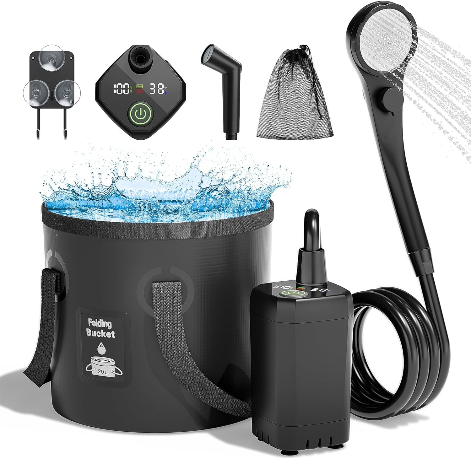 Portable Camping Shower, 6000mAh Rechargeable Shower Pump, Filtered Shower Head \u0026 5 Gallons Foldable Bucket, Outdoor Shower for Hiking, Beach, Travel, Pet Bath, Car Washing, Surf \u0026 Boat Cleaning