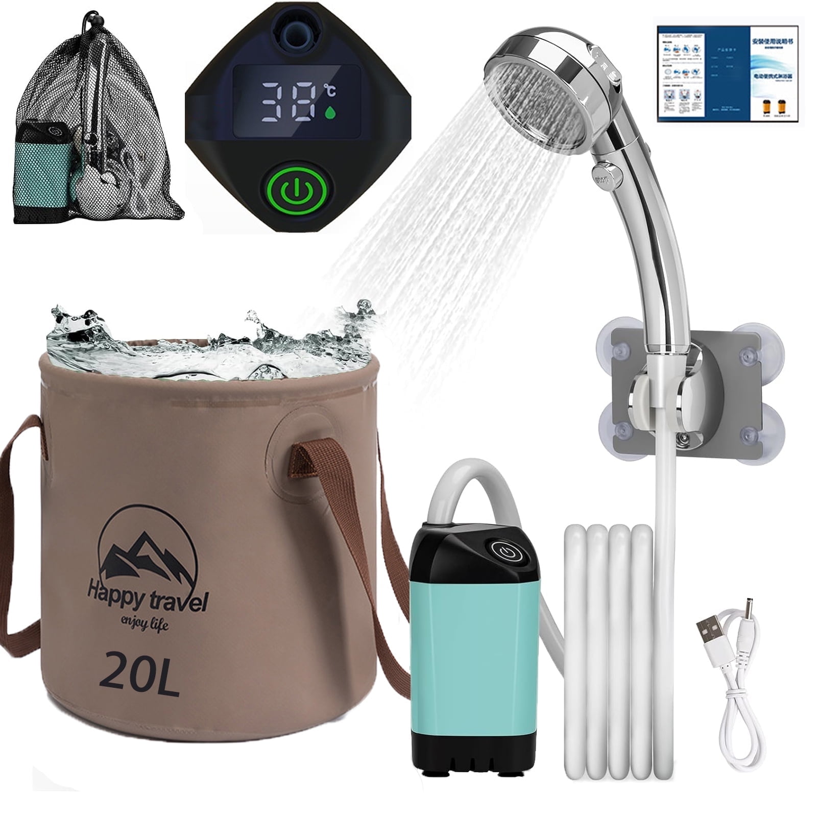 Portable Camping Shower,6000mAh Rechargeable Shower Pump Super endurance 160mins,Filtered Shower Head & 5 Gallons Foldable Bucket,Outdoor Shower for Hiking,Beach, Travel,Pet Bath,Car Washing,Boat