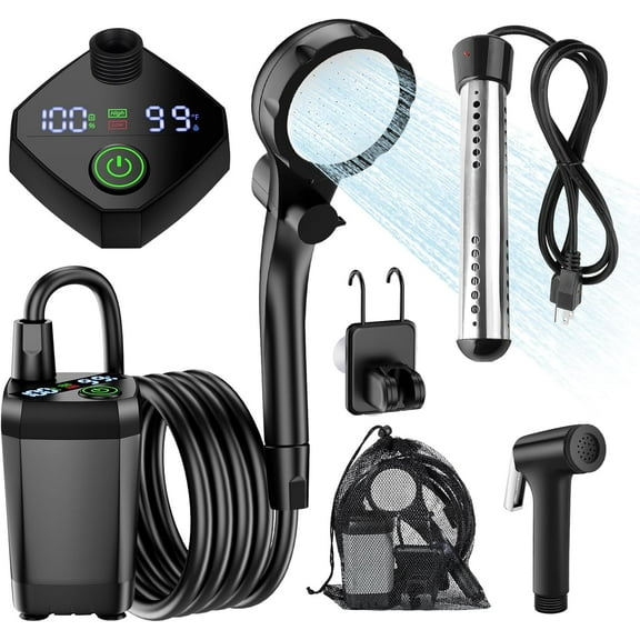 Portable Camping Shower with Heater, Long-Lasting Rechargeable Camping Shower with Sprayer Head,4 Spray Modes Waterproof Outdoor Camp Pump for Hiking, Travel, Car