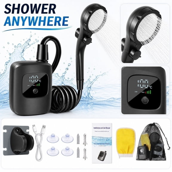 Portable Camping Shower, Rechargeable Outdoor Shower Head Sprayer, Portable Shower Pump, Handheld Shower Head with Hose, Compact 5X4X3.5 in Unit with Led Temperature Display and
