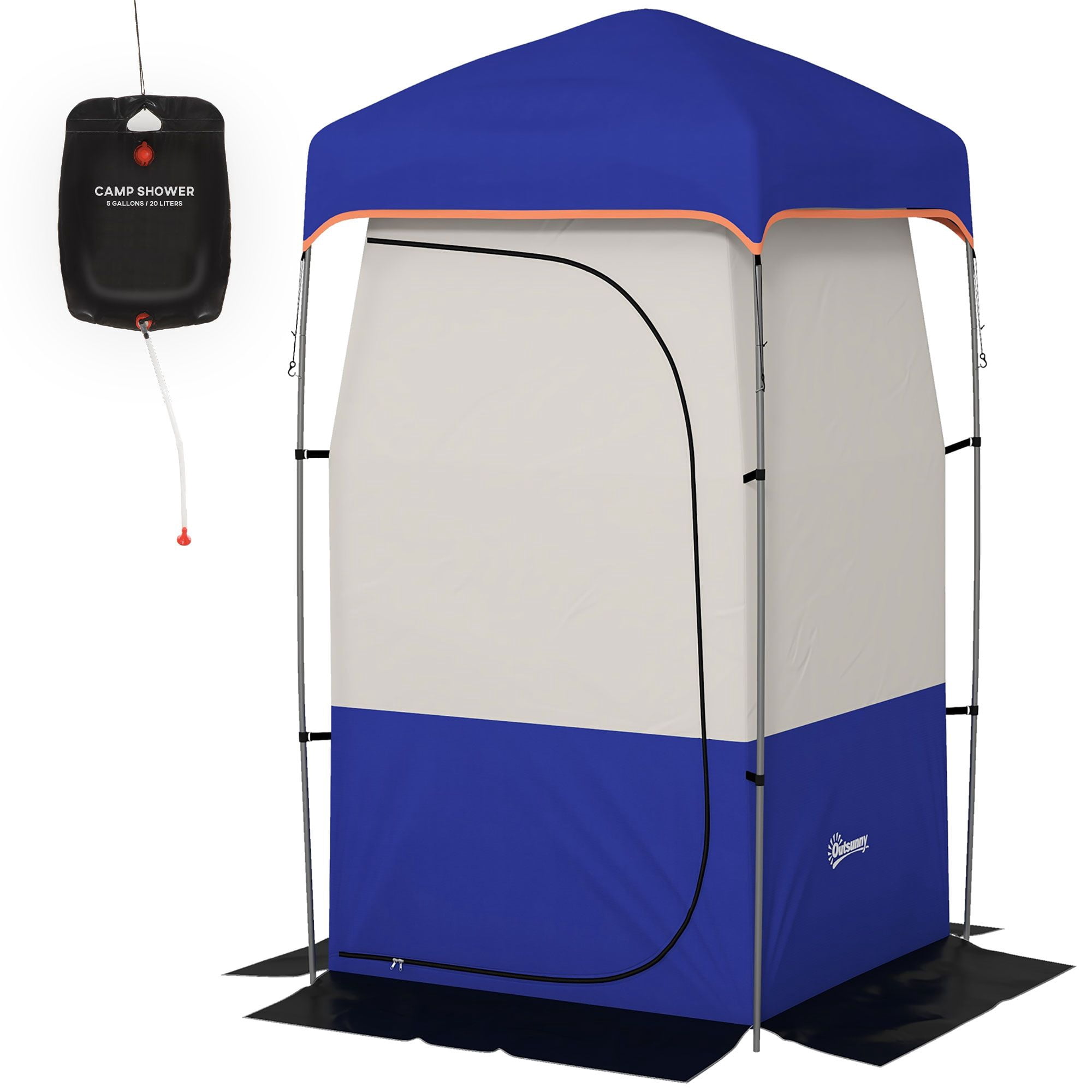 Portable Camping Shower Tent with 5.3 Gallon Solar Shower Bag, Outdoor Privacy Changing Tent with Removable Floor Double Roof Ventilation Window for Camping Beach RV Blue