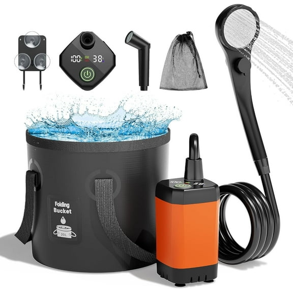Portable Camping Shower, Upgrade 6000mAh Rechargeable Electric Shower Pump & 5 Gallon Collapsible Bucket, LED Display, Multiple Spray Modes, Portable Shower for Outdoor Camping Hiking (Orange)