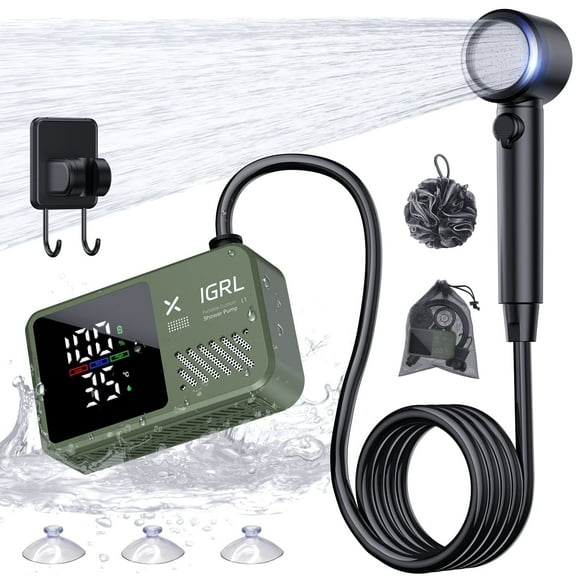 Portable Camping Shower kit - Rechargeable Pump with Bath Sponge, One-Button Control, 10L/min Flow, 4 Spray Modes, IPX8 Waterproof, for Hiking, Travel, Car Washing, Pet, Watering Plants Green