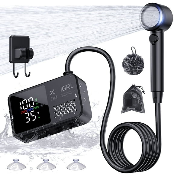 Portable Shower - 7800mAh Rechargeable Camping Shower Pump with Digital Display, 4 Water Modes, Equipped with Bath Sponge and 3-in-1 Hook - USB/Battery Powered, Suitable for Camping, Travel, Car Wash