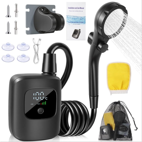 Portable Camping Shower with 2400mAh Battery, IPX8 Waterproof Outdoor Shower Pump with LCD Temperature Display, 4 Spray Modes & 6.5ft Hose