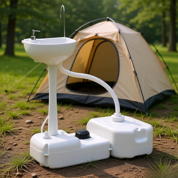 Portable Camping Sink 4.5 Gallon Water Tank Outdoor Kitchen Station 20x13.25x40.5 Inch Hand Wash Basin HDPE RV Picnic BBQ Fishing Garden Worksite Wheels Handle Easy Assembly Zero Tools Needed
