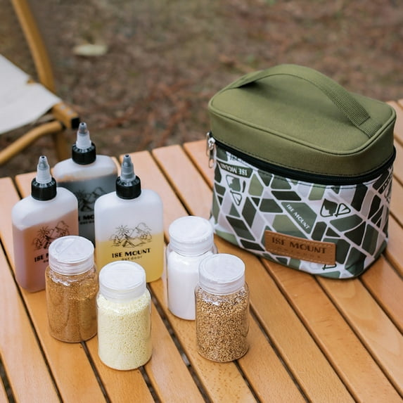 Portable Camping Spice Kit with 3 Liquid Bottles & 4 Filter Bottles - Lightweight Travel Seasoning Storage Bag for Outdoor Cooking, BBQ, Hiking - Durable Canvas & Leak-Proof Design