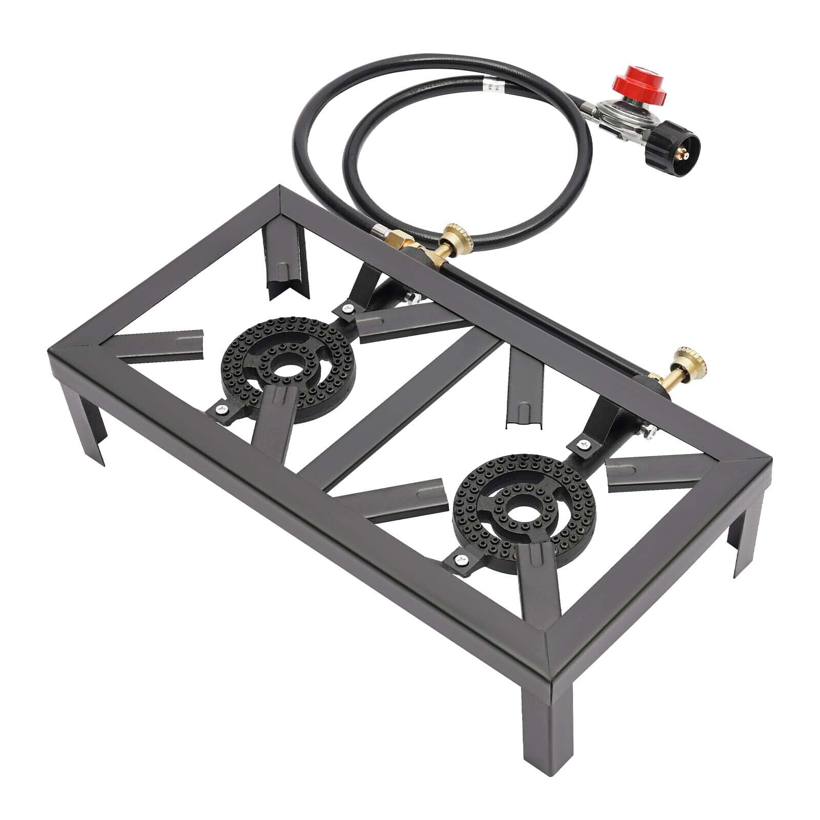 Portable Camping Stove, 2 Burner Outdoor Gas Stove BBQ Propane Cooker with Regulator Hose Cast
