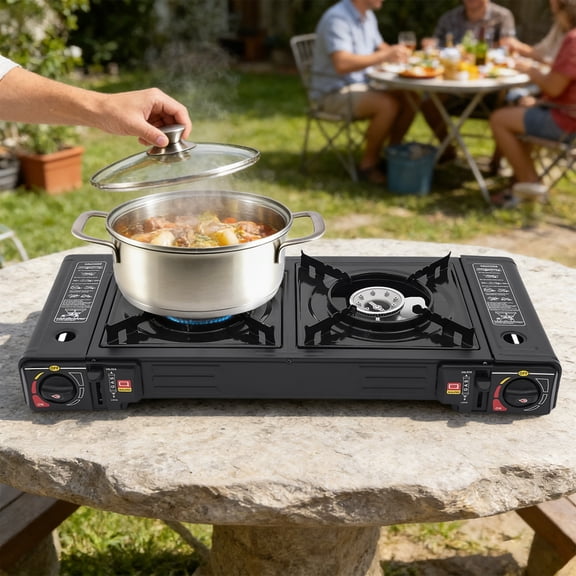 Portable Camping Stove, 2 Burners Gas Stove, Piezoelectric Ignition Camping Burner for Home RV Apartment Outdoor