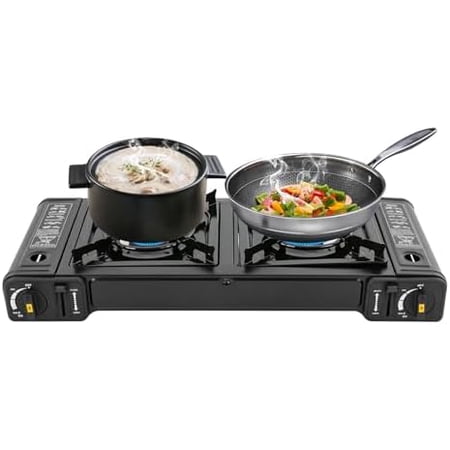 Portable Camping Stove - Double Burner Butane Stove with Auto Ignition, LPG Compatible for RVs Apartments and Camping